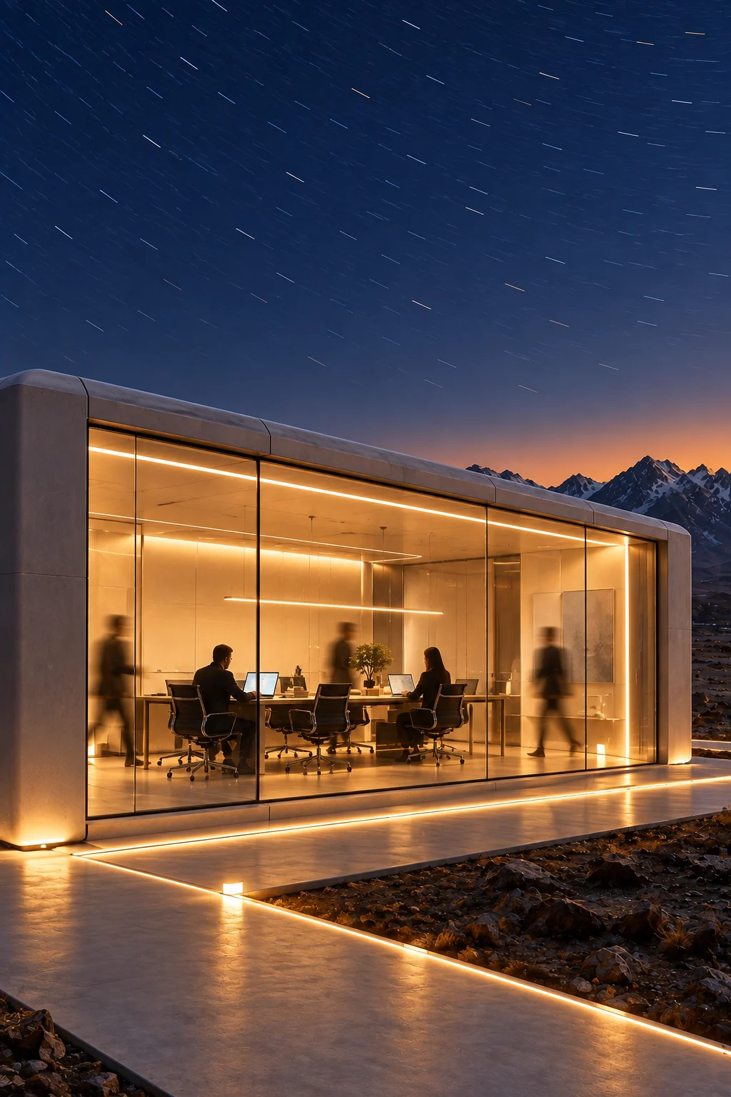 A close view into a warmly lit CEO office, with people blurred in motion and short star trails crossing the twilight sky.