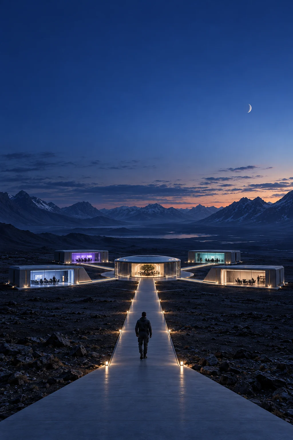 A leader approaches a coordinated operating base on another planet before dawn.