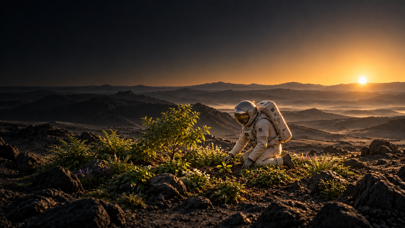 An astronaut tends a thriving garden among dark rocks in the light of a golden sunrise.