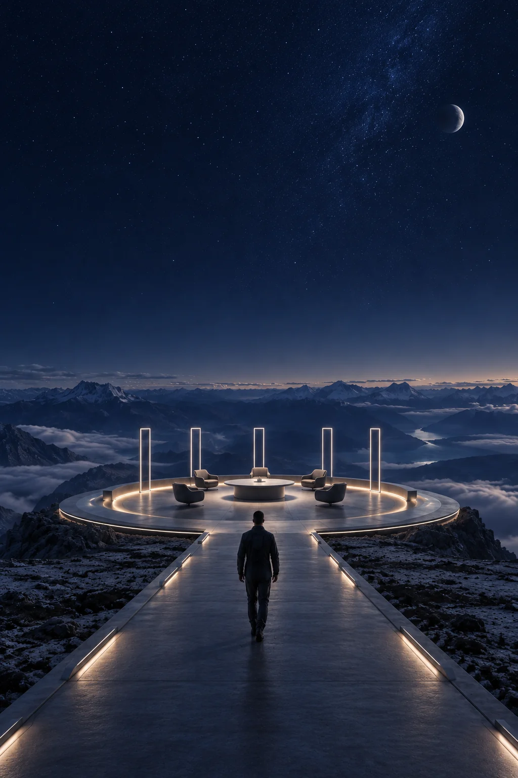 A leader approaches a circular boardroom on a high plateau on another planet.