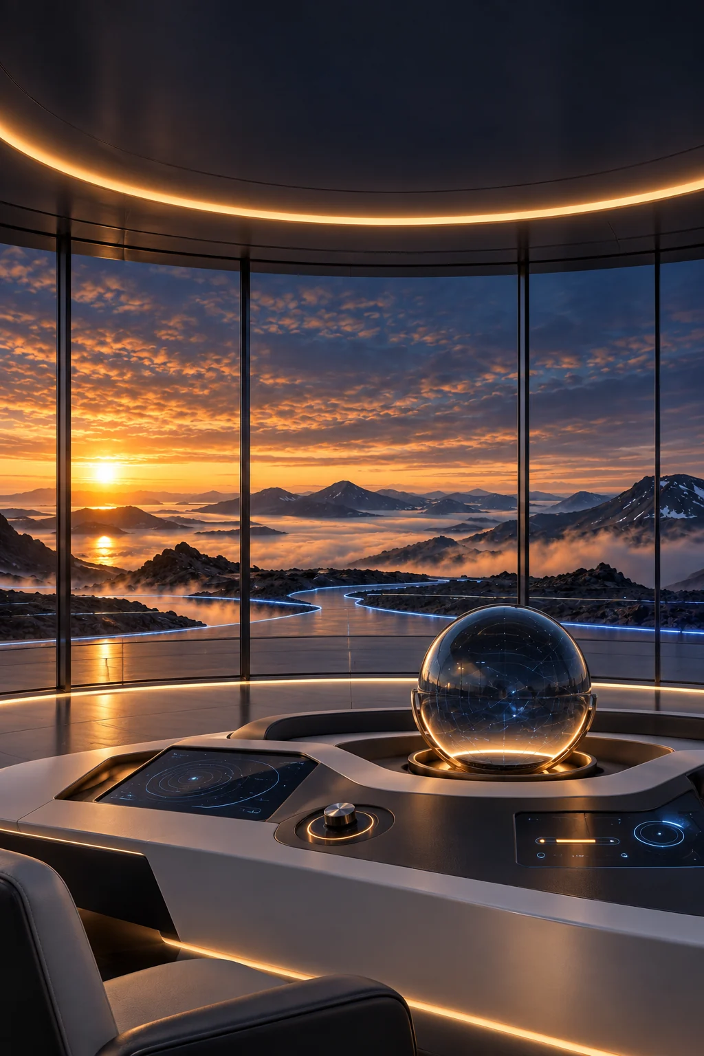 Inside the Command Center at sunrise, a close view of the control desk and navigation display overlooks the connected landscape.