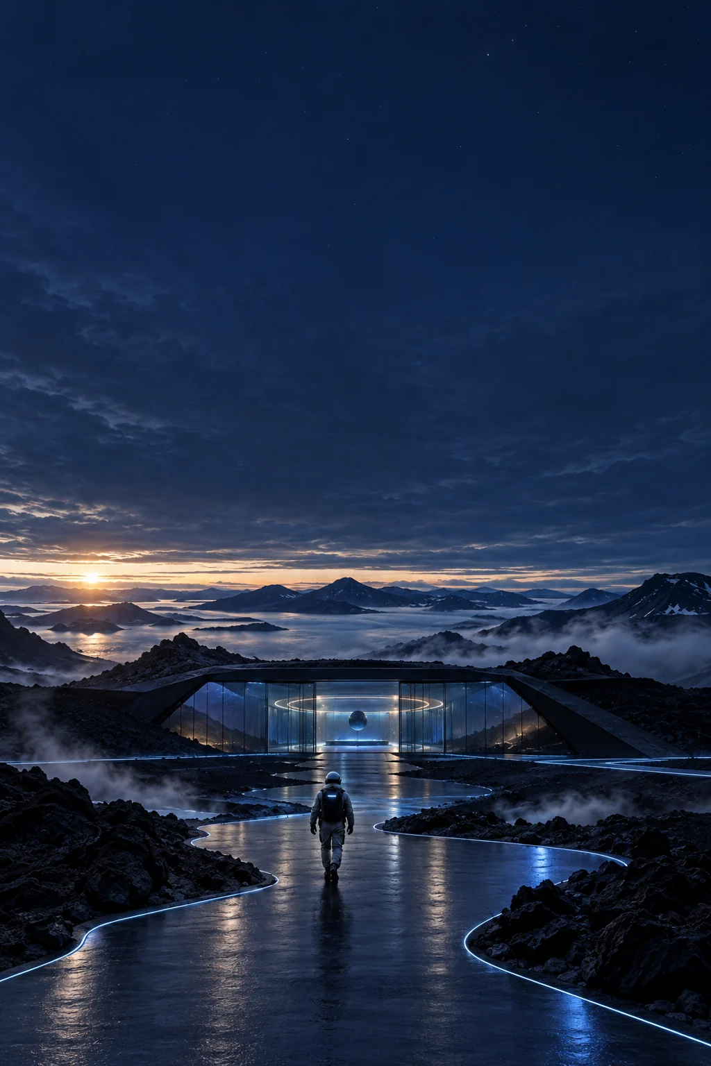 A leader approaches a glass command station on another planet before dawn.