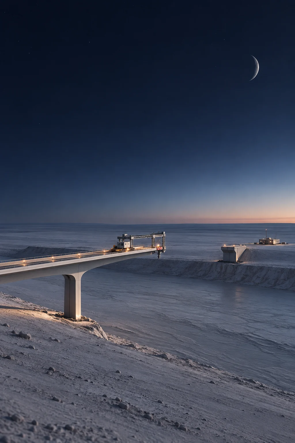 A side view of one completed bridge span extending across a quiet planetary channel, with an open gap to the opposite bank.