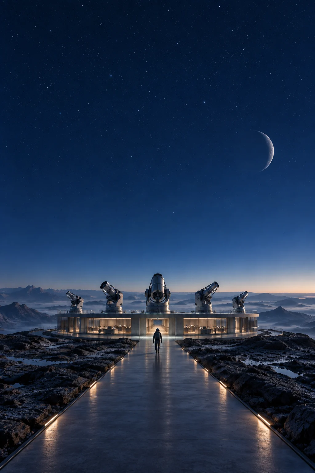 An explorer approaches a planetary observatory with instruments gathering signals in different directions.