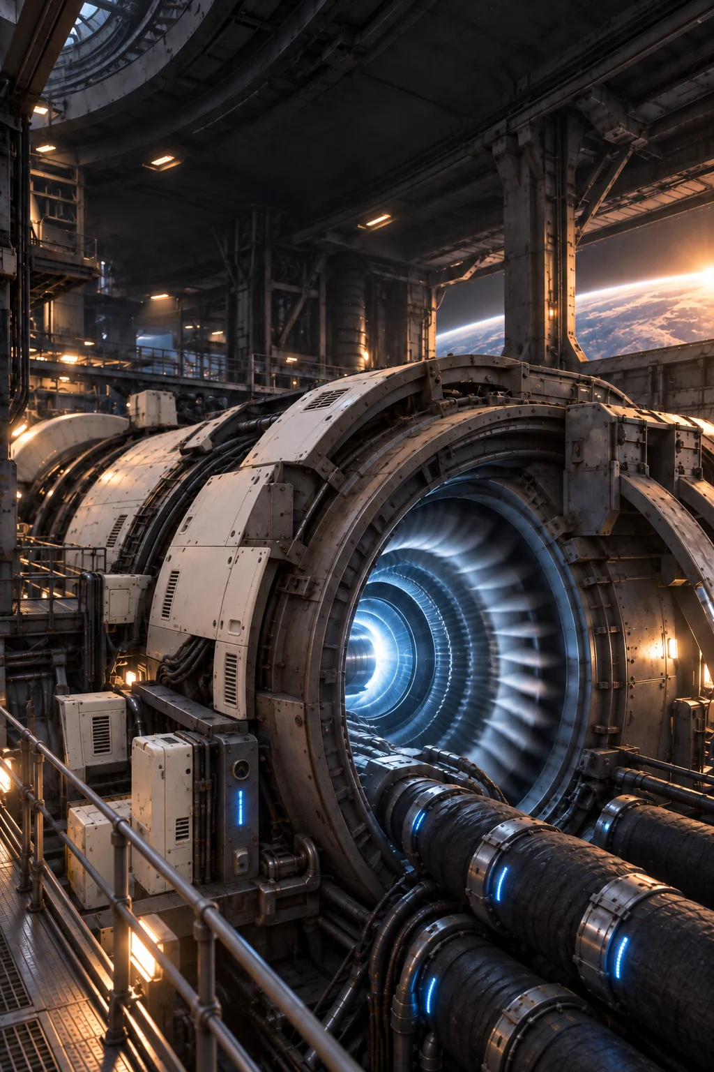 The turbine delivers steady energy, its inner rotors turning as sunrise reaches the station and connected conduits.