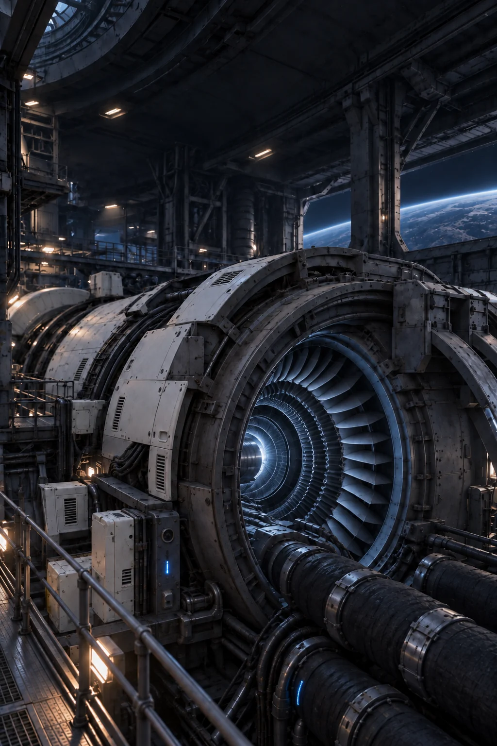A deep energy turbine integrated into a space station, surrounded by power conduits and maintenance platforms.
