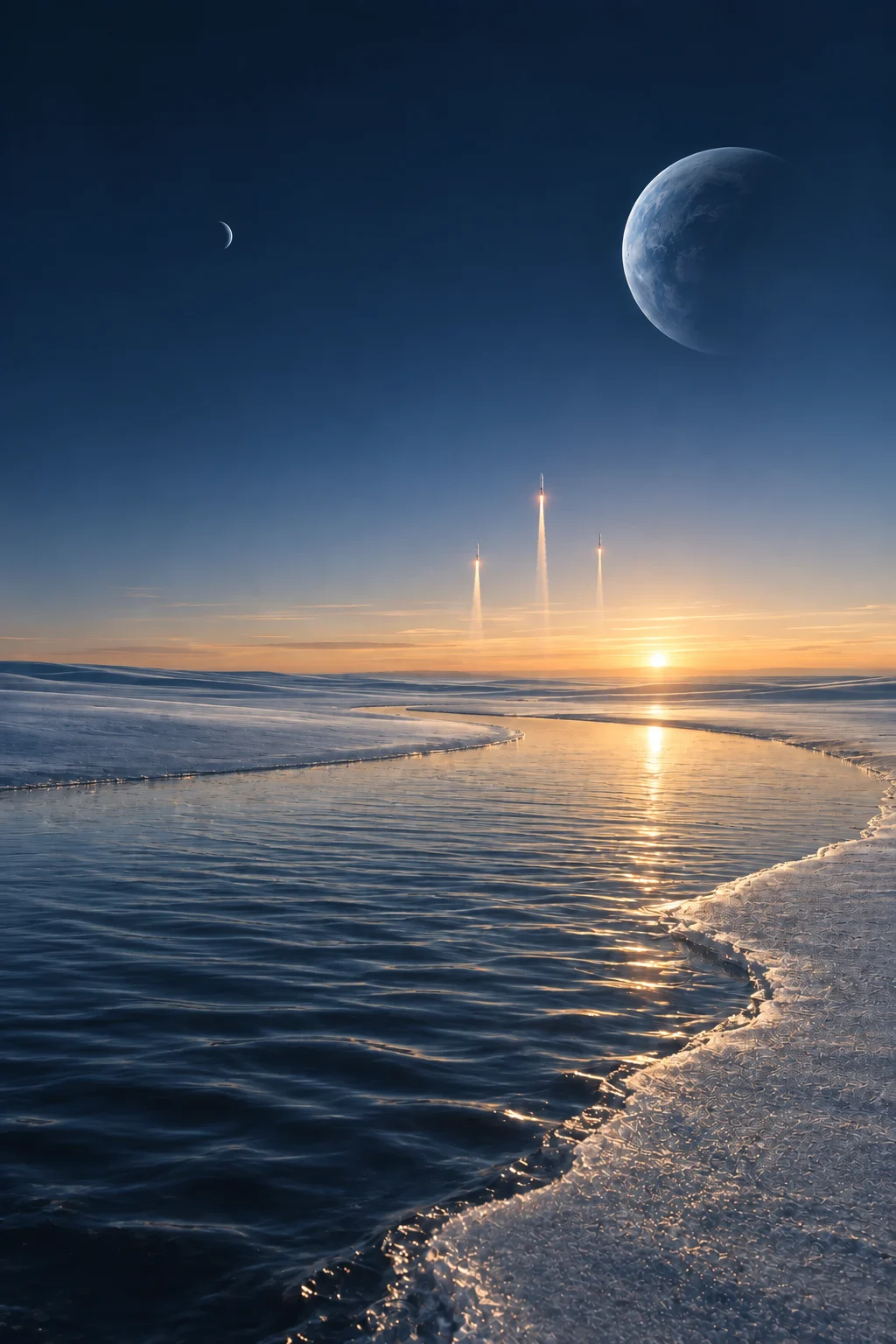 Three distant rockets lift off beyond a planetary shoreline at sunrise beneath two worlds.