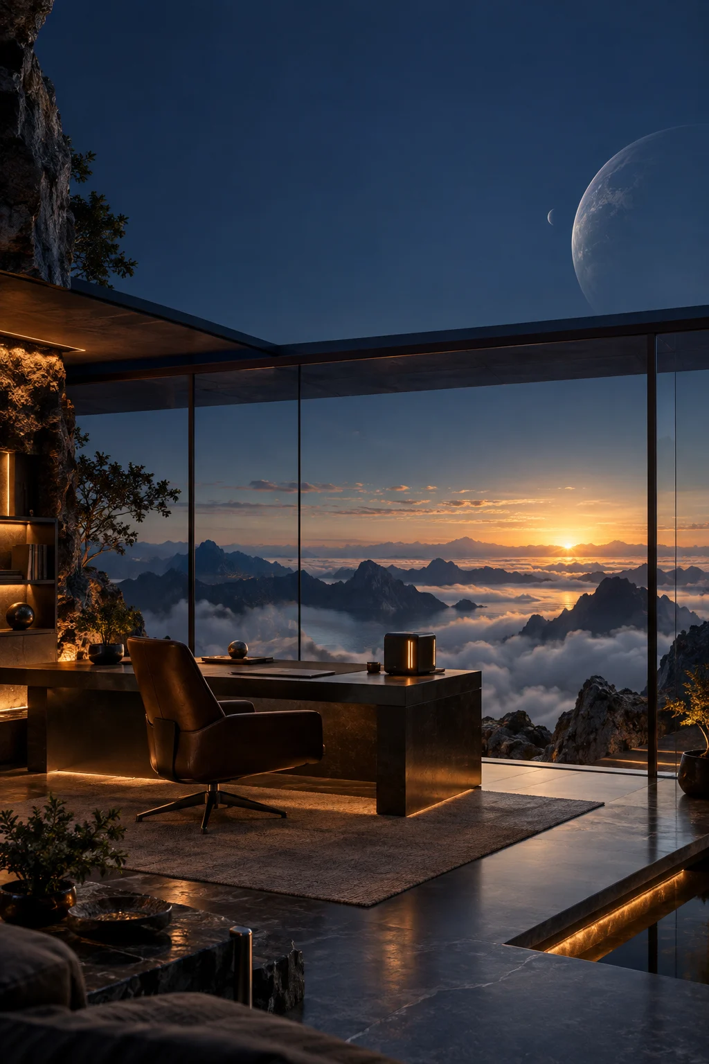 Inside a warm personal workspace overlooking mountains at dawn.